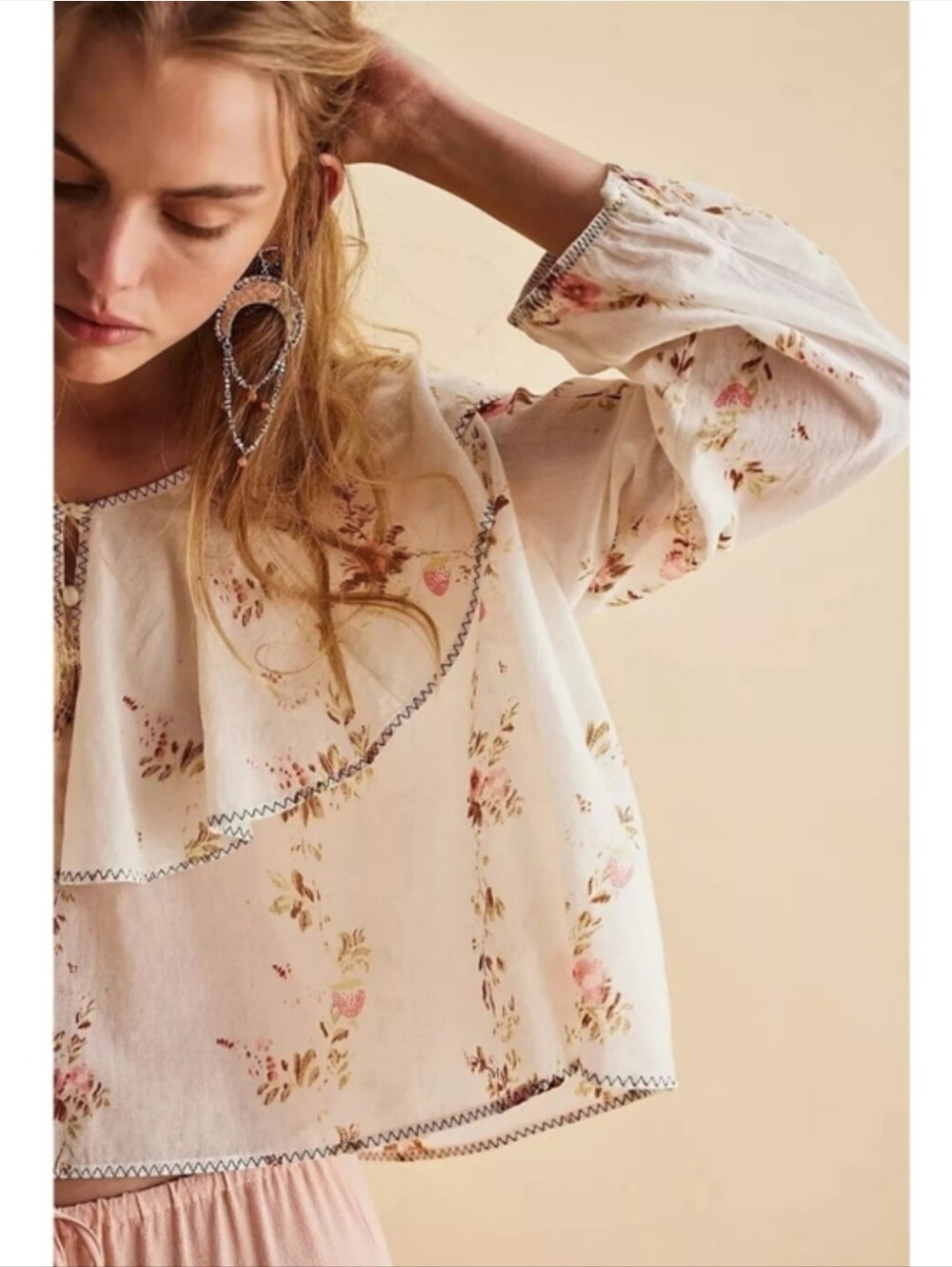 FREE PEOPLE Camilla Printed Vintage Floral French Country Blouse Ivory S NWOT
